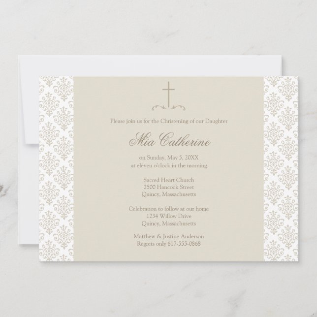 Damask Cream Cross Christening / Baptism Invitation (Front)