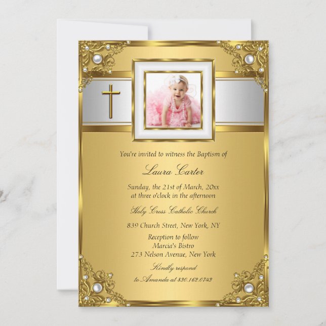 Damask & Cross Gold Photo Baptism/Christening Invitation (Front)