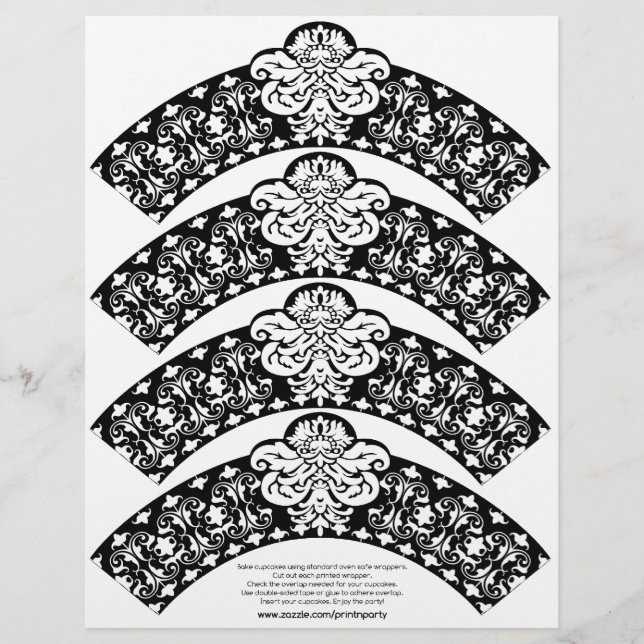 Damask Cupcake Wrapper White on Black (Front)