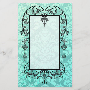 Damask Cut Velvet, Embossed Satin in Mint Green Stationery