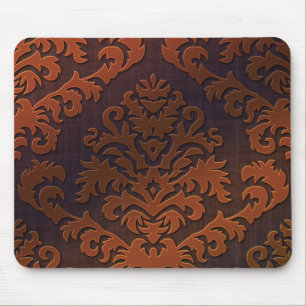 Damask Cut Velvet, Shadow in Orange & Brown Mouse Pad