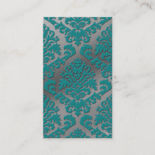 Damask Cut Velvet, Silver Metallic in Teal & Grey Business Card