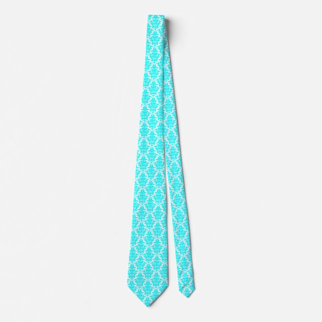 Damask - Cyan on White Tie (Front)