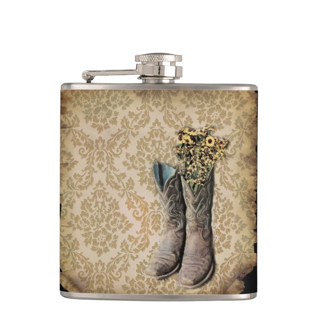 Damask daisy Western country cowboy boots Hip Flask (Front)