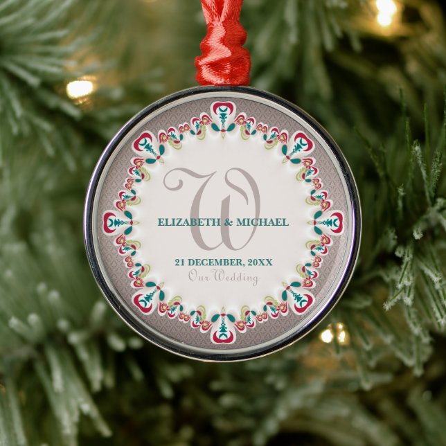 Damask Decorative Art Wedding Keepsake Metal Ornament (Tree)