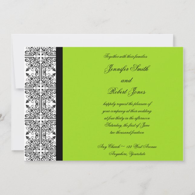 Damask Delight in Lime Green Wedding Invitation (Front)