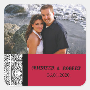 Damask Delight Scarlet Red Wedding Favour Sticker