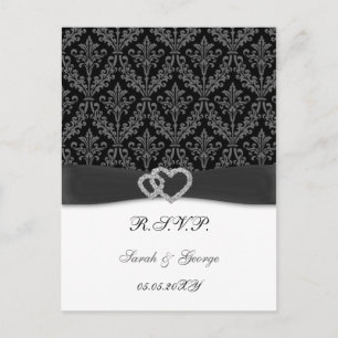 damask diamante charcoal wedding RSVP Invitation Postcard