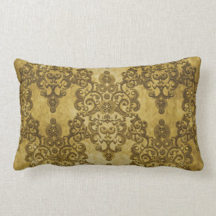 Damask Distressed Rustic Dark Yellow Gold Lumbar Pillow