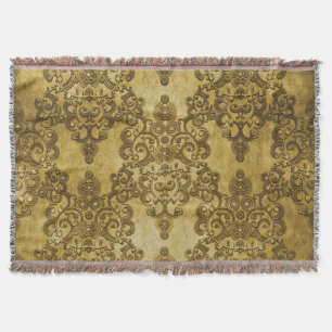 Damask Distressed Rustic Dark Yellow Gold Throw Blanket