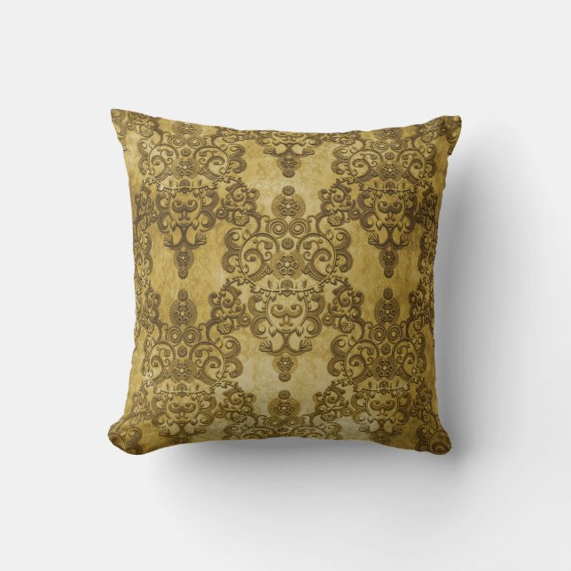 Damask Distressed Rustic Dark Yellow Gold Throw Pillow (Front)