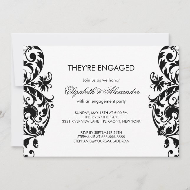 Damask Engagement Party Invitations Black & White (Front)
