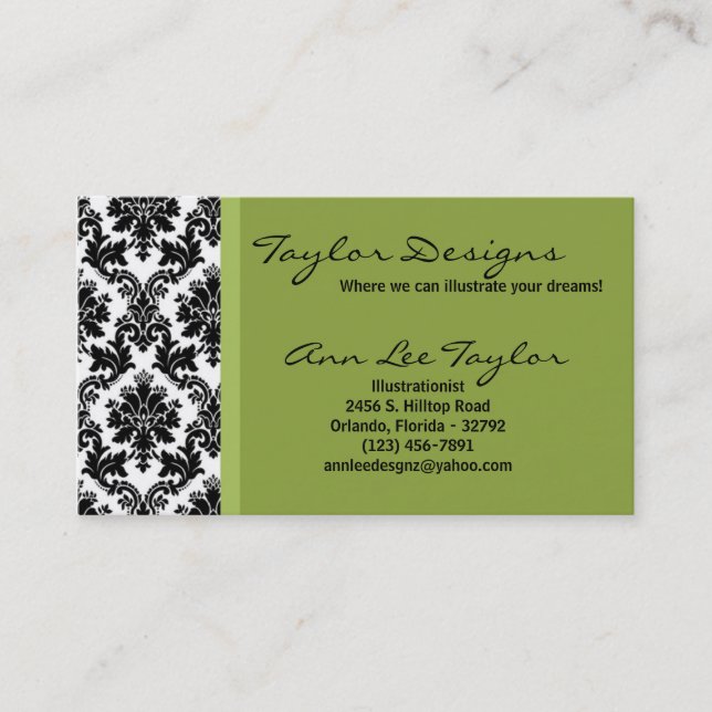 Damask et Green Elegant Carte de visite chic tenda (Devant)