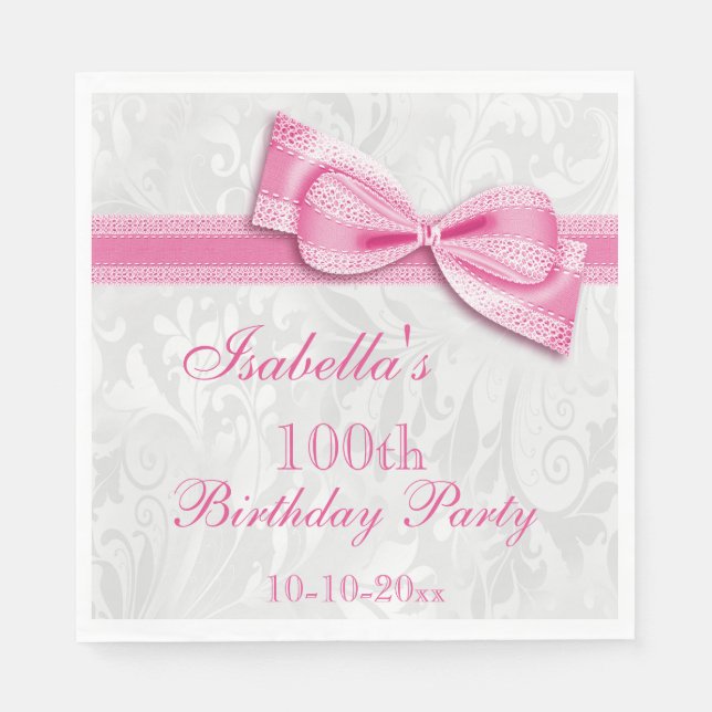 Damask & Faux Bow Girls 100th Birthday Napkin (Front)