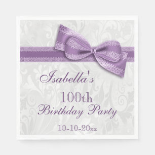 Damask & Faux Bow Girls 100th Birthday Napkin