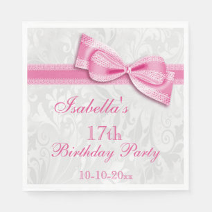 Damask & Faux Bow Girls 17th Birthday Napkin