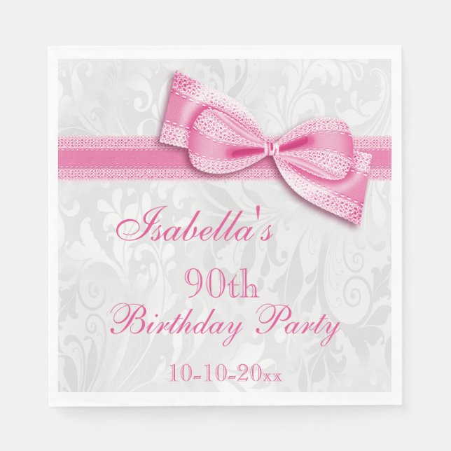 Damask & Faux Bow Girls 90th Birthday Napkin (Front)