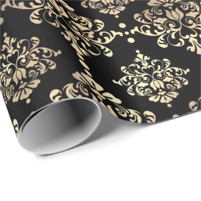 Damask Faux Champaigne Black Metallic Royal Floral Wrapping Paper (Roll Corner)