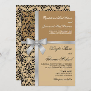 Damask Faux Silver Ribbon Autumn Wedding Invitation