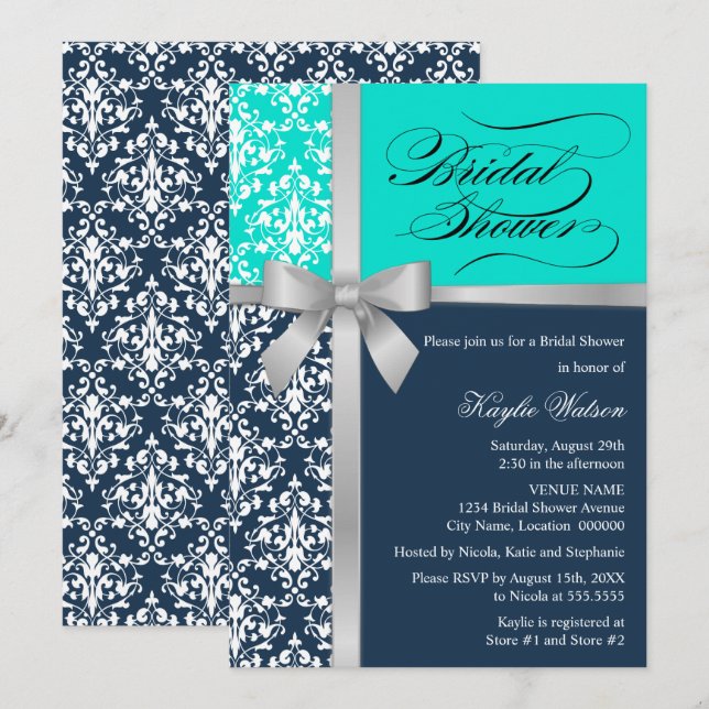 Damask Faux Silver Ribbon Navy Aqua Bridal Shower Invitation (Front/Back)