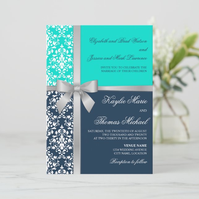 Damask Faux Silver Ribbon Navy Aqua Wedding Invitation (Standing Front)