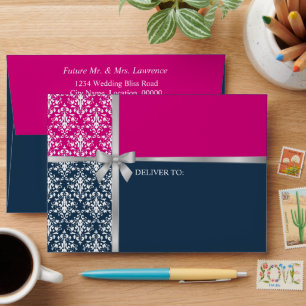 Damask Faux Silver Ribbon Navy Blue Fuchsia Envelope