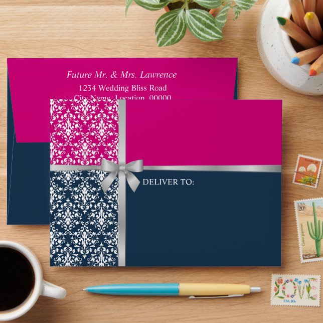 Damask Faux Silver Ribbon Navy Blue Fuchsia Envelope (Desk)