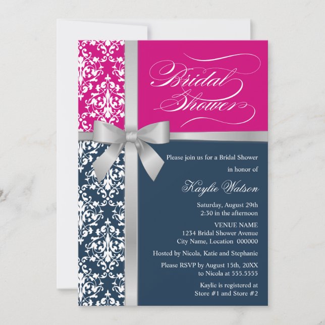 Damask Faux Silver Ribbon Navy Pink Bridal Shower Invitation (Front)