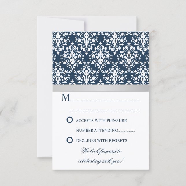 Damask Faux Silver Ribbon Navy Wedding RSVP Card (Back)