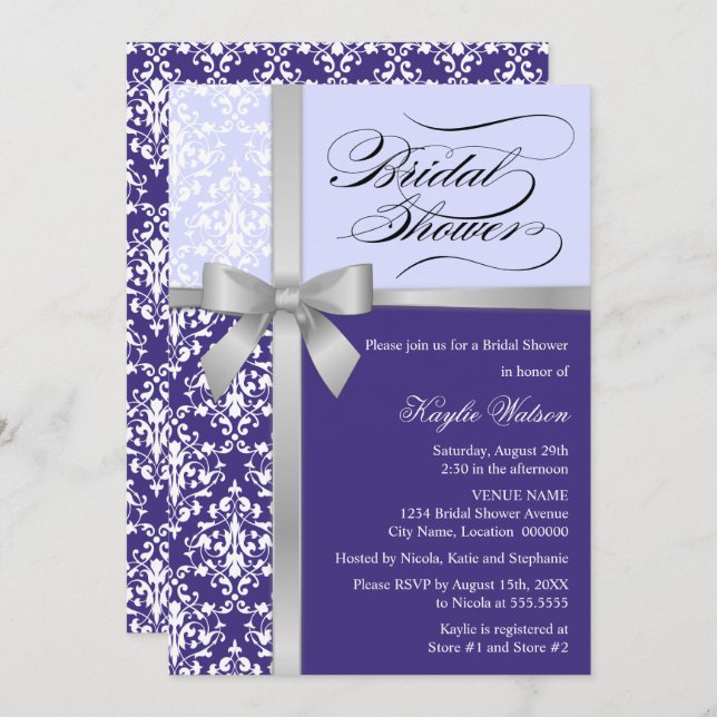 Damask Faux Silver Ribbon Purple Bridal Shower Invitation (Front/Back)