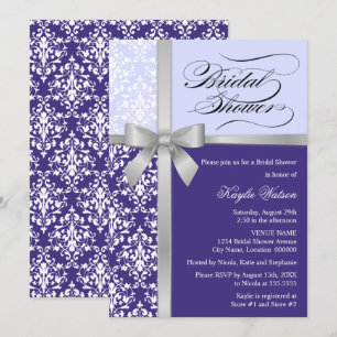 Damask Faux Silver Ribbon Purple Bridal Shower Invitation