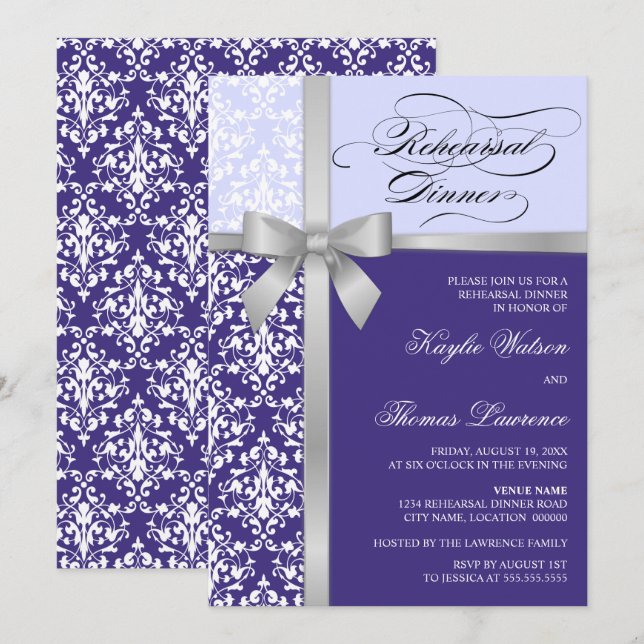 Damask Faux Silver Ribbon Purple Rehearsal Dinner Invitation (Front/Back)