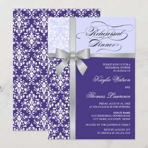 Damask Faux Silver Ribbon Purple Rehearsal Dinner Invitation