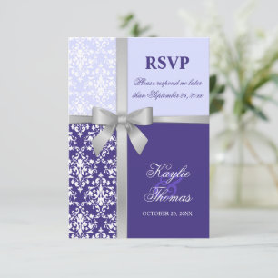 Damask Faux Silver Ribbon Purple Wedding RSVP Card