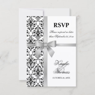 Damask Faux Silver Ribbon Wedding RSVP Card