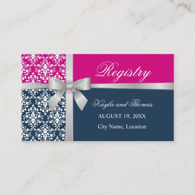 Damask Faux Sliver Ribbon Navy Blue Fuchsia Insert (Front)