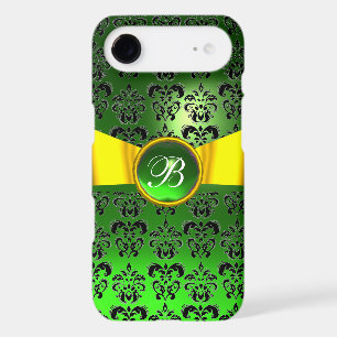 DAMASK FIÈRE MONOGRAM vert or jaune ruban
