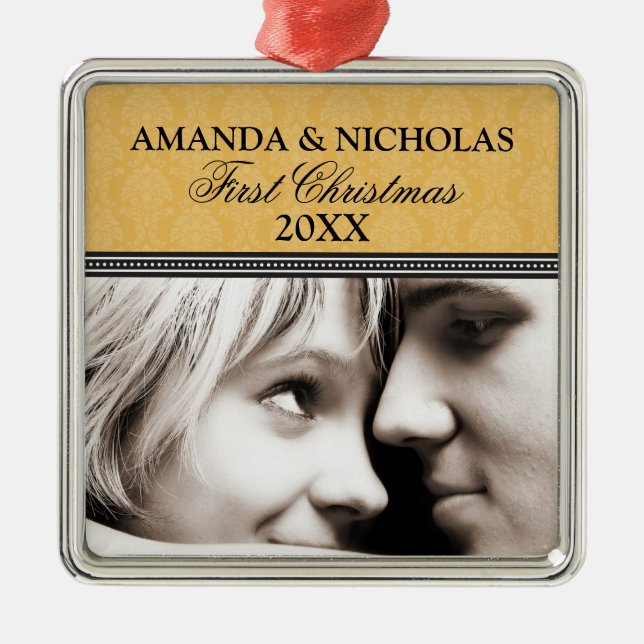 Damask First Christmas Wedding Ornament (gold) (Front)