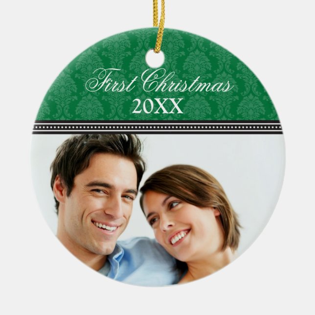 Damask First Christmas Wedding Ornament (hunter) (Front)