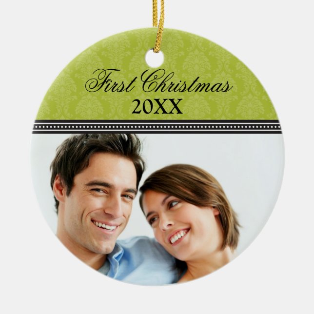 Damask First Christmas Wedding Ornament (olive) (Front)