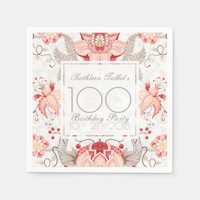 Damask Floral 100th Birthday Party Paper Napkin (Front)