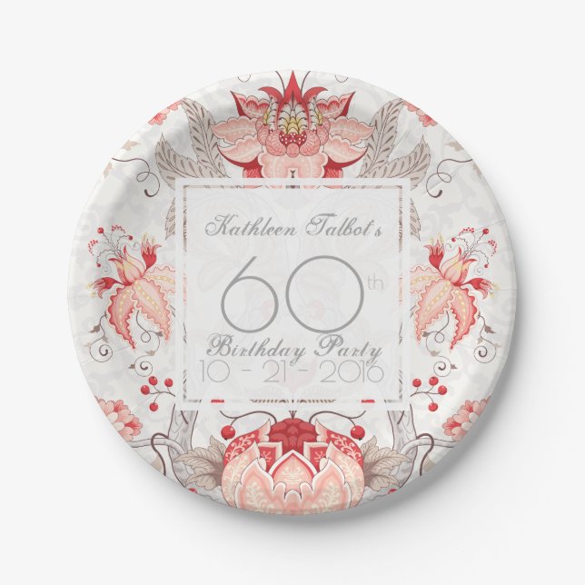 Damask Floral 60th Birthday Party Paper Plate (Front)