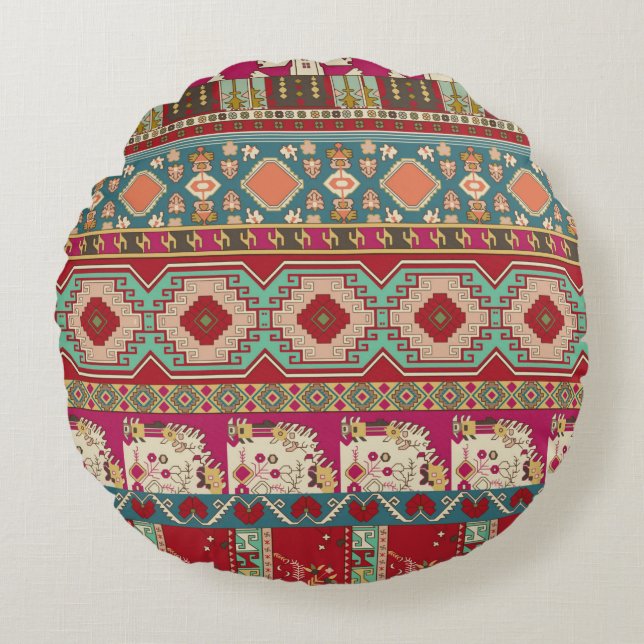 Damask, floral and geometric with colourful patchw round pillow (Front)