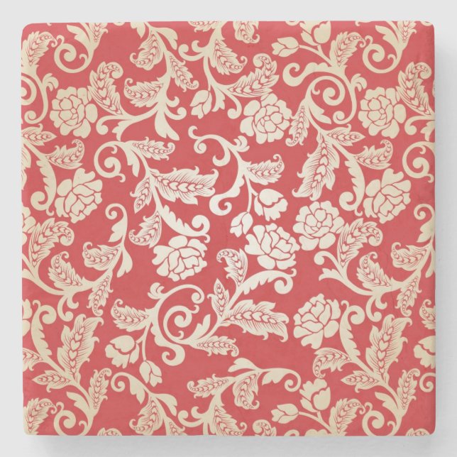 Damask floral background pattern stone coaster (Front)