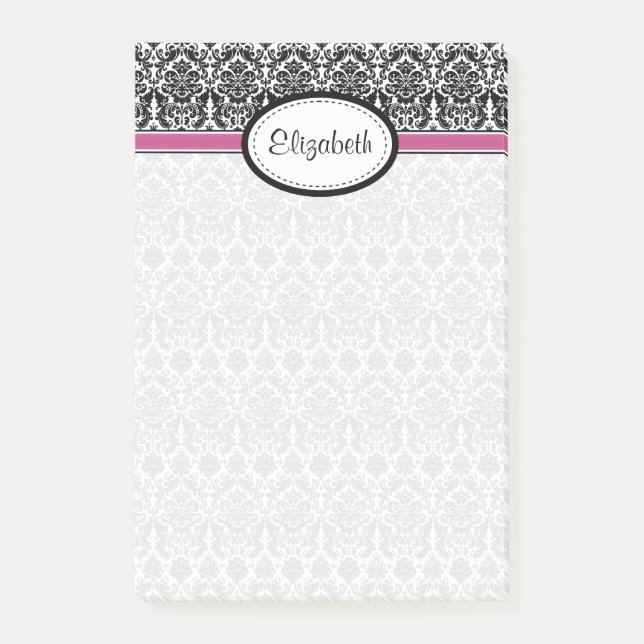 Damask Floral Black White Pink Personalized Name Post-it Notes (Front)