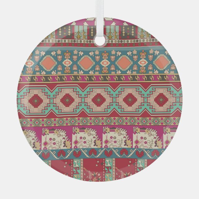 Damask Floral Geometric Colourful Patchwork Glass Ornament (Front)