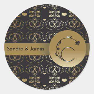 DAMASK FLORAL LETTER C MONOGRAM GOLD BLACK CLASSIC ROUND STICKER