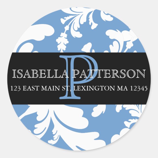 Damask Floral Monogram Circle Address Label (Front)