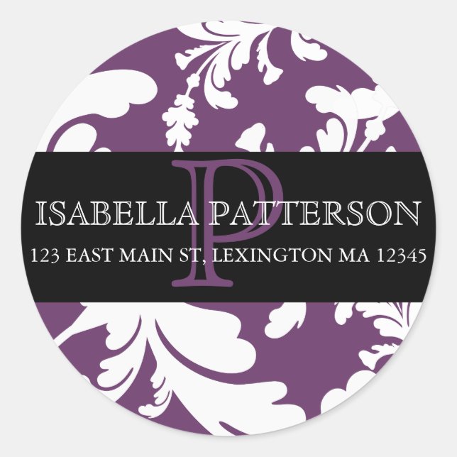 Damask Floral Monogram Circle Address Label (Front)