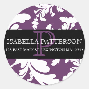 Damask Floral Monogram Circle Address Label